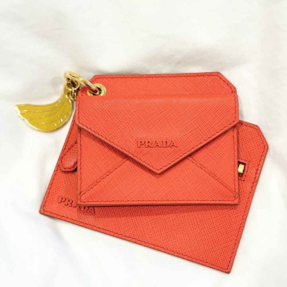 Prada Orange Saffiano Leather Banana Charm Keychain Wallet Card Case